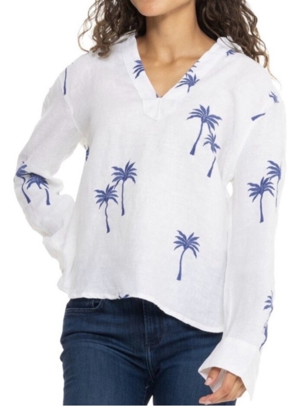 Calypso St. Barth White Linen V-Neck Top with Blue Palm Print